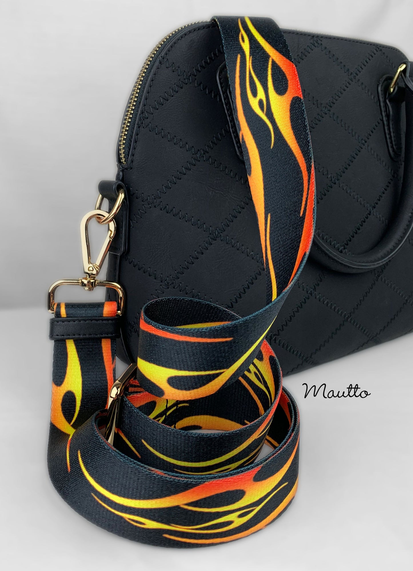 Hot Rod Flames Strap - 1.5" Wide Nylon - Adjustable Shoulder to Crossbody Length - Choose Connector Style & Finish