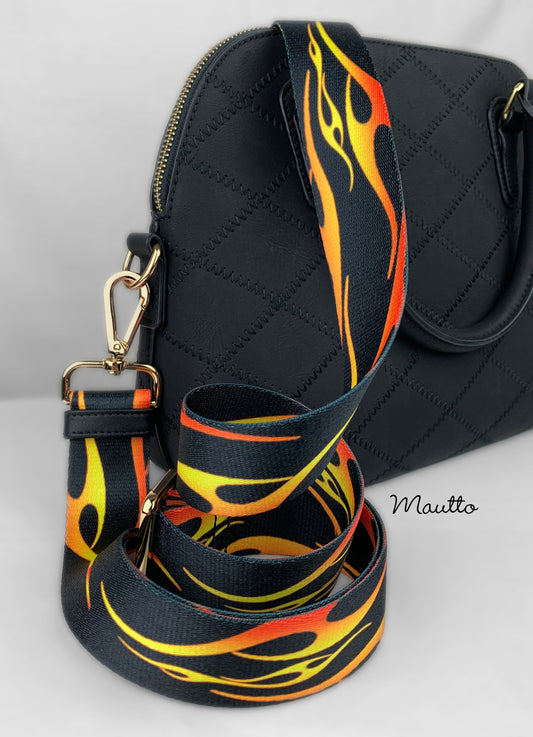 Hot Rod Flames Strap - 1.5" Wide Nylon - Adjustable Shoulder to Crossbody Length - Choose Connector Style & Finish