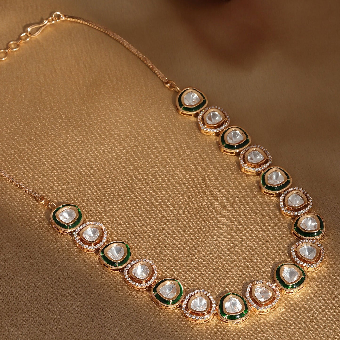 Kundan and Diamond Neckpiece with Meenakari (Gold) - Ruby Raang