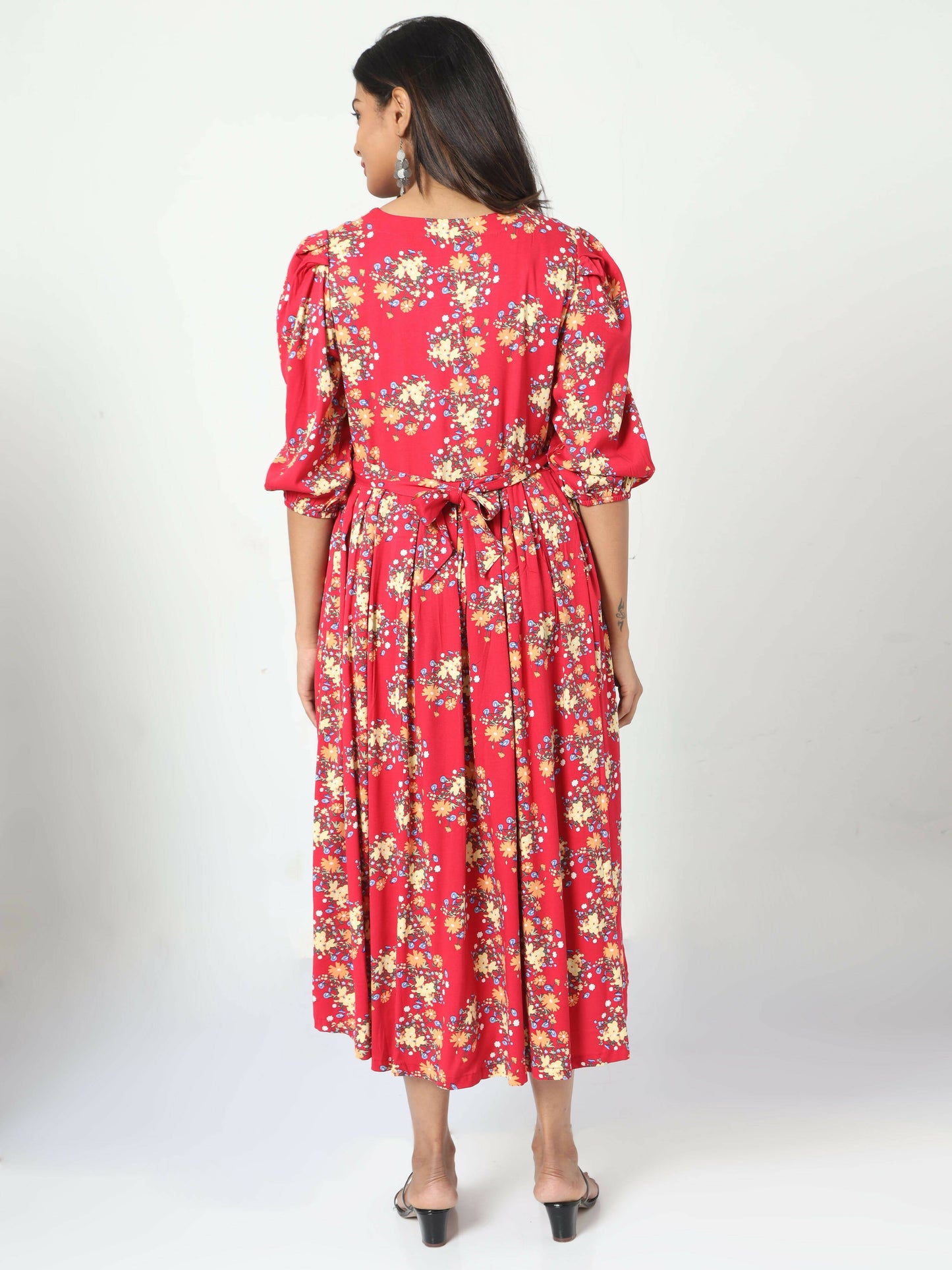 Manet Three Fourth Maternity Dress Floral Print With Concealed Zipper Nursing Access - Red