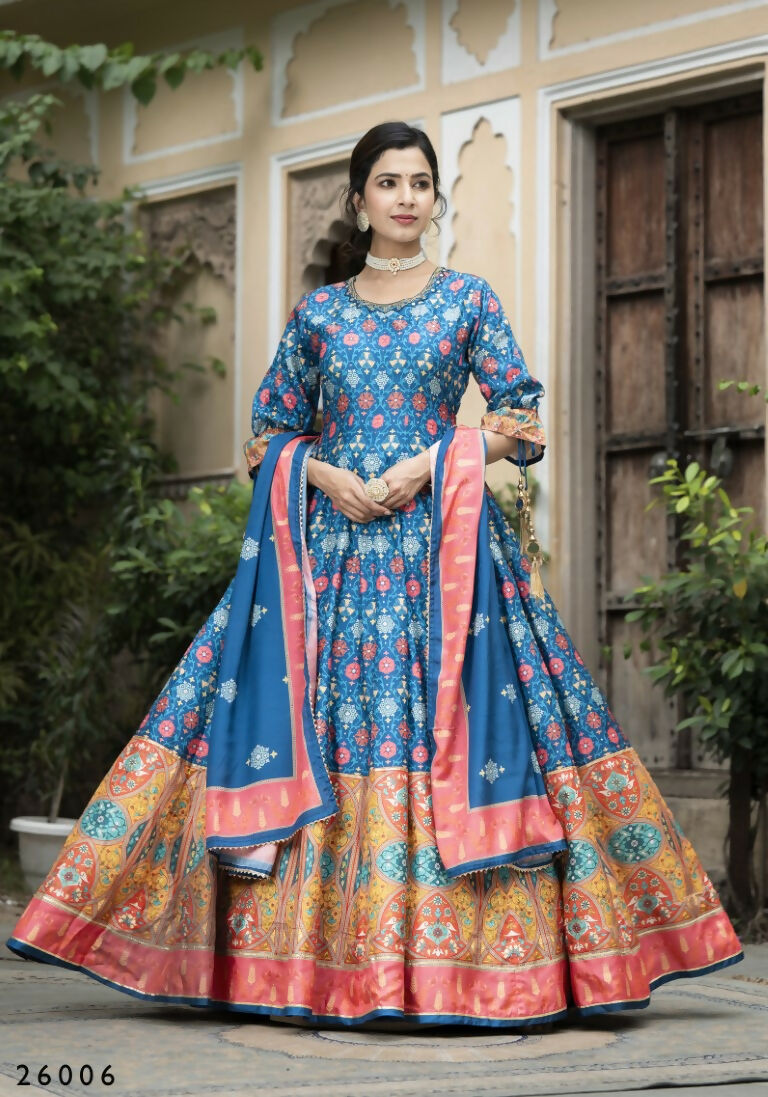 Wedding Designer Blue Soft Dola Silk Anarkali suit with Dupatta - Samanta