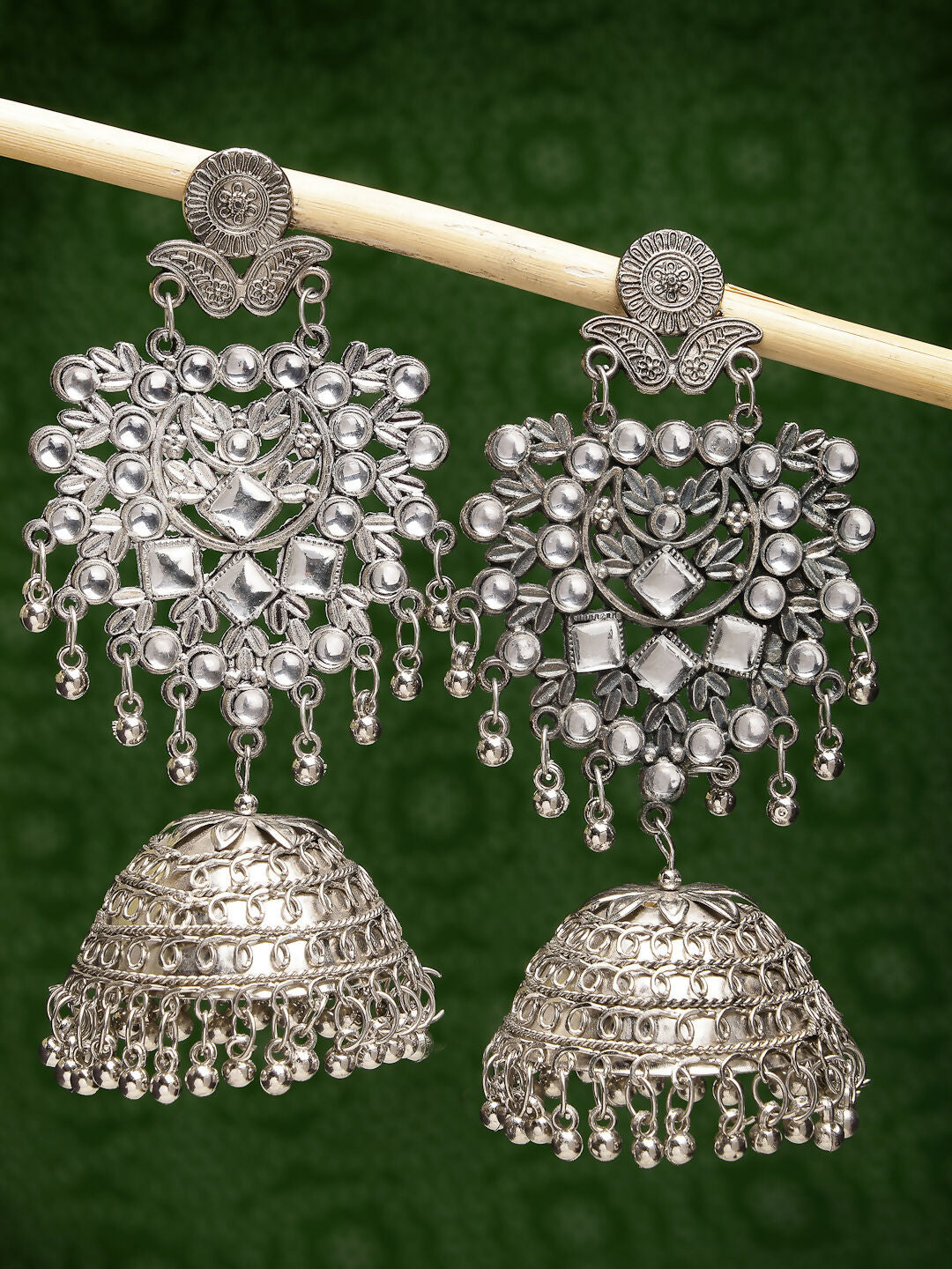 NVR Women's Silver-Plated Oxidised Artificial Stones Dome Shaped Jhumka Earrings