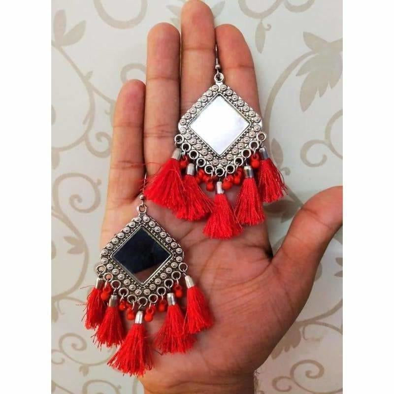 MS Fashion India Silver Mirror Oxidized Red Color Silk Threads German Silver Earrings