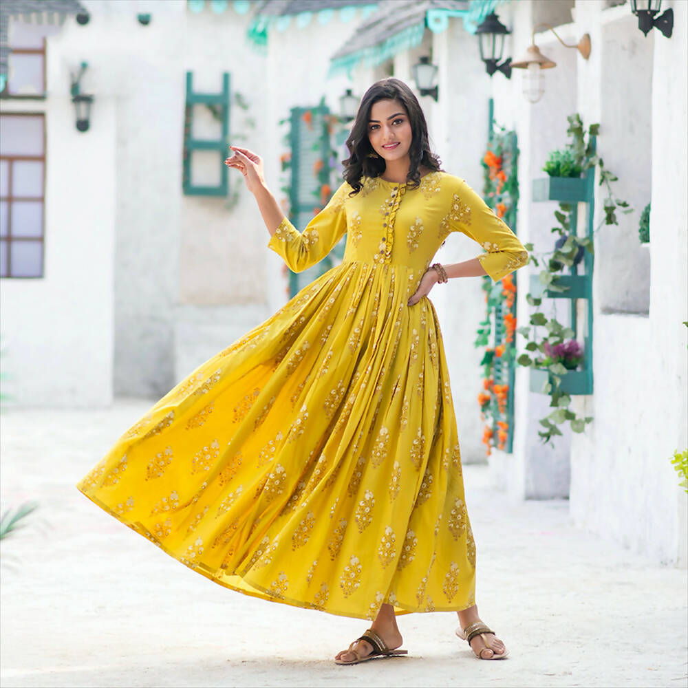 Partywear Designer Digital Printed Lemon Yellow Pure Maslin Gown - Anbazaar