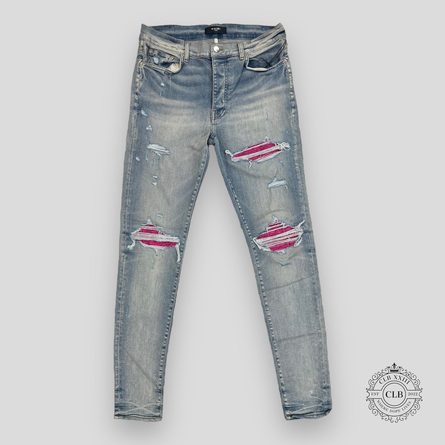 AMIRI MX1 CRACKED PAINT JEANS - CLAY INDIGO/PINK