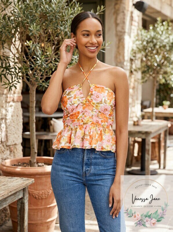 Aqua Retro Floral Halter Top