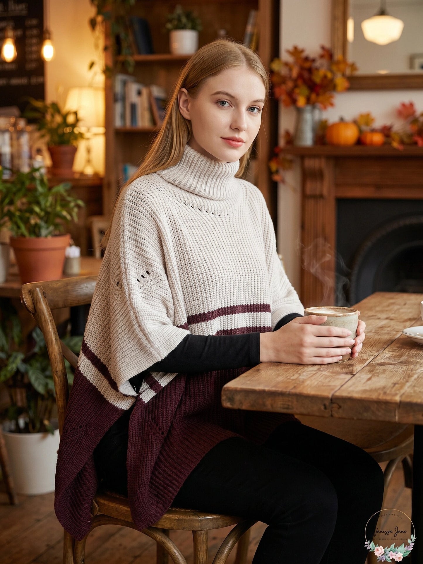 Save the Ocean Sustainable Color Block Pullover Turtleneck Poncho, Os