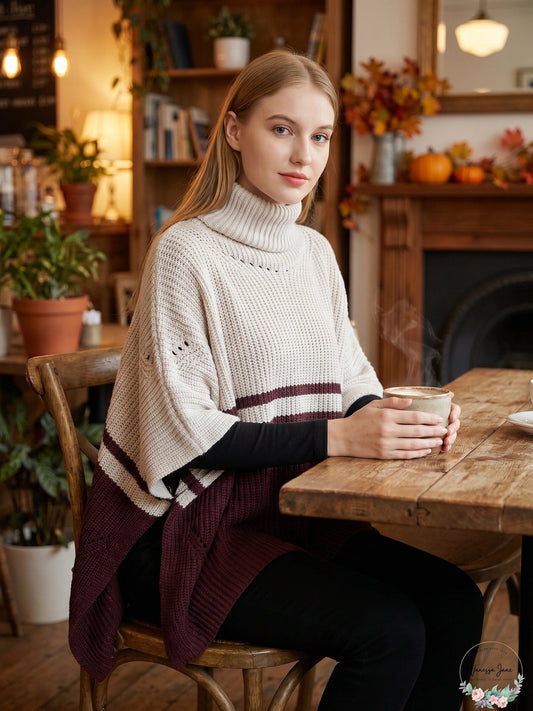 Save the Ocean Sustainable Color Block Pullover Turtleneck Poncho, Os