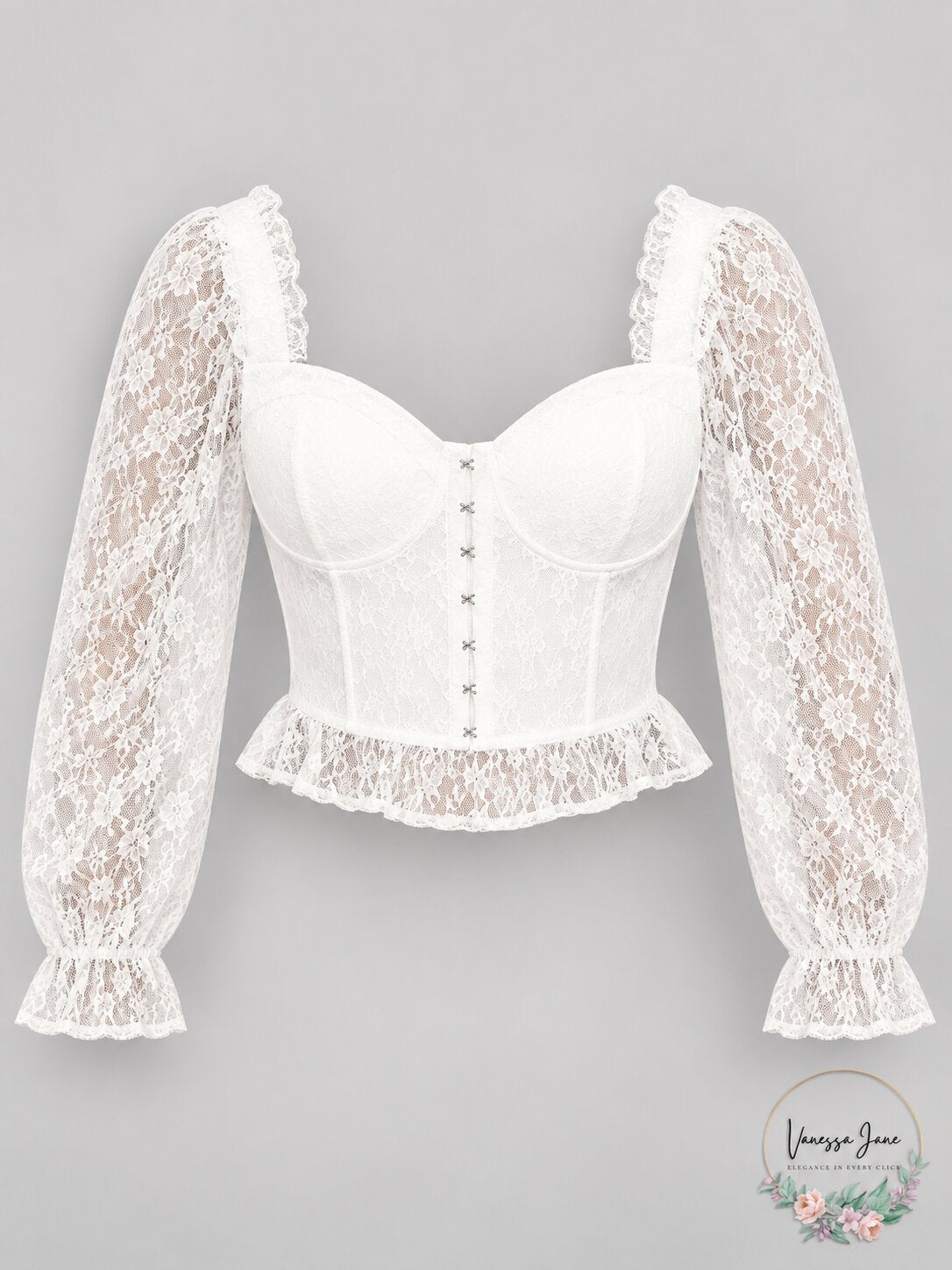 Chocolate USA Lace Corset Flounce Sleeve Cropped Top, Size Large