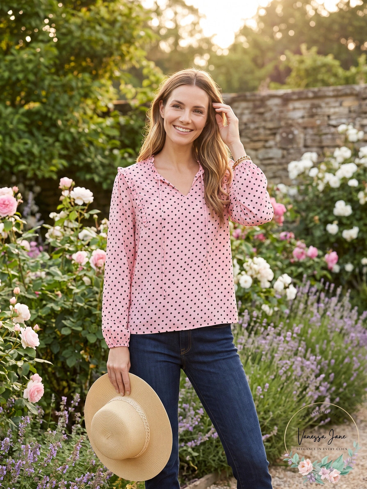 Tommy Hilfiger Women's Polka Dot Long Sleeve V Neck Blouse Top