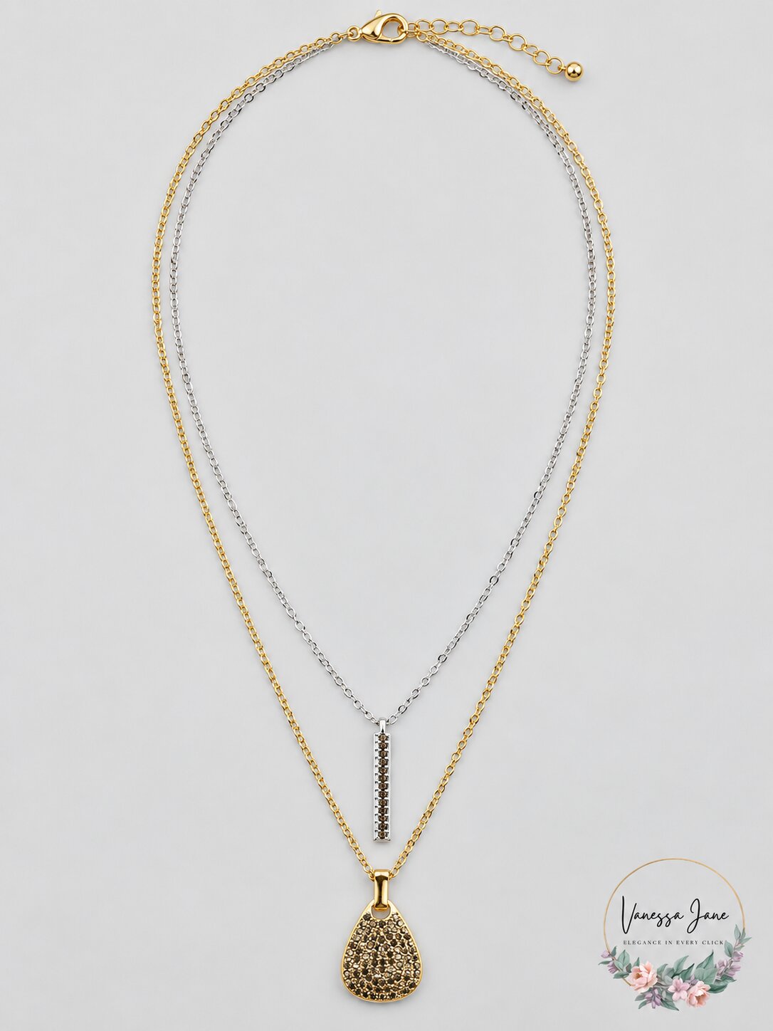 Lucky Brand Two-Tone Pave Bar and Paddle Layered Necklace, 18-1/2 + 2