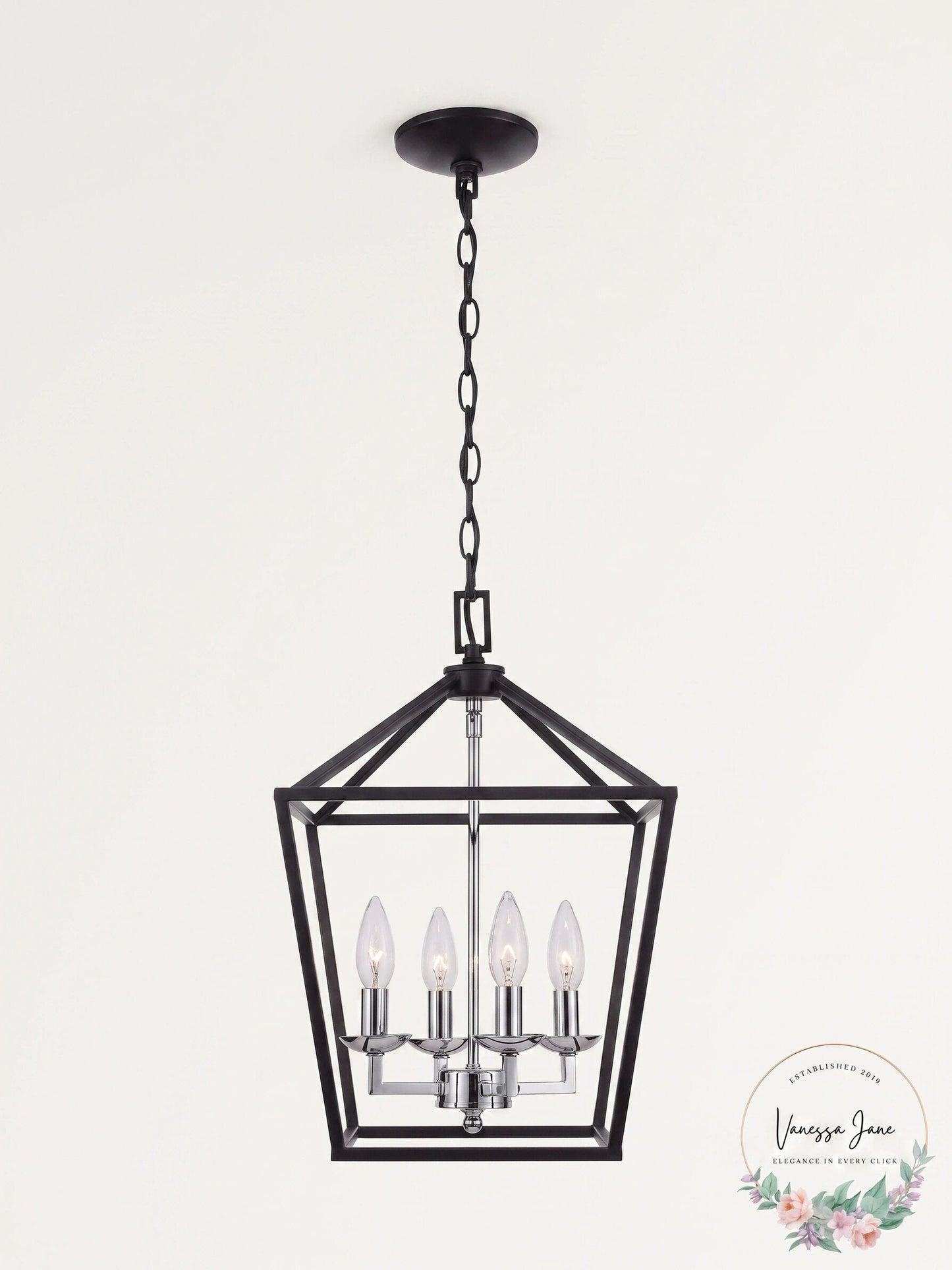 Home Decorators Collection Weyburn 4-Light Black and Polished Chrome Caged Chand