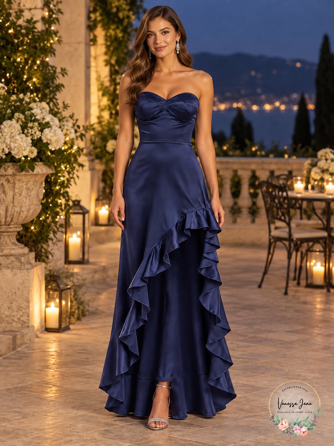 Aqua Strapless Ruffle Maxi Dress