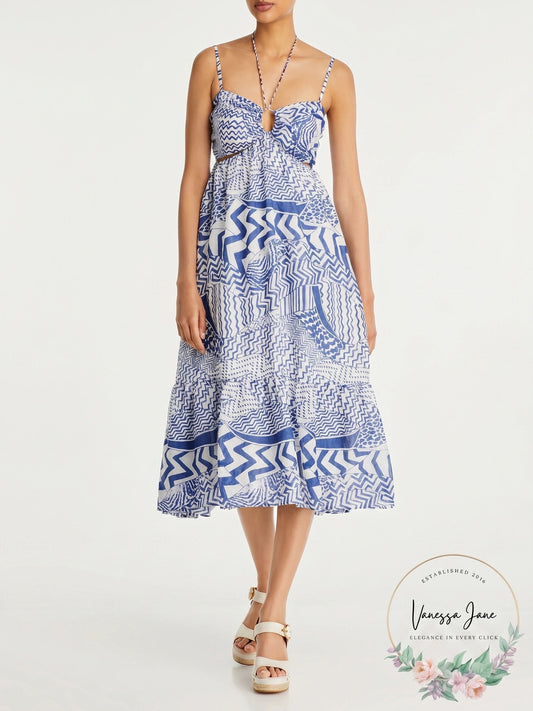 Aqua Printed Cutout Halter MIDI Dress, Size XS