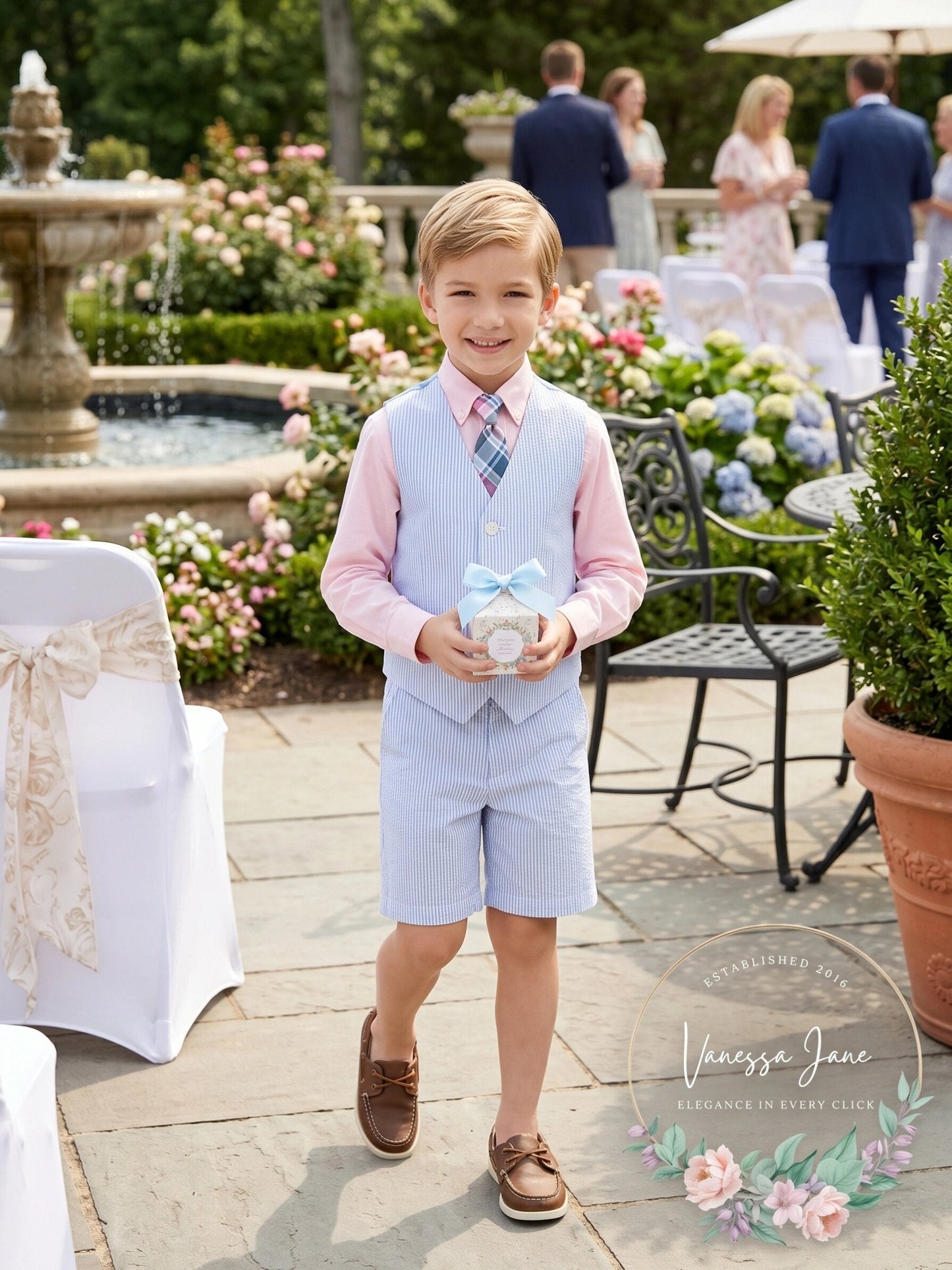Nautica Little Boys 4-Pc. Seersucker Vest, Shorts, Dress Shirt and Tie Set.