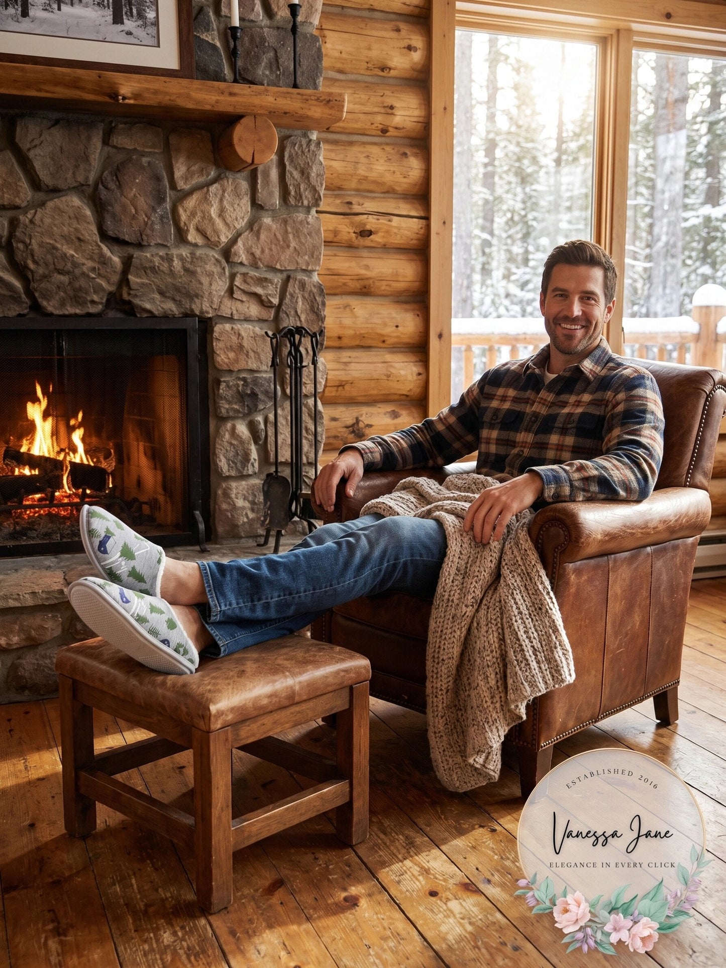 Club Room Mens Forest-Print Fleece-Lined Slippers
