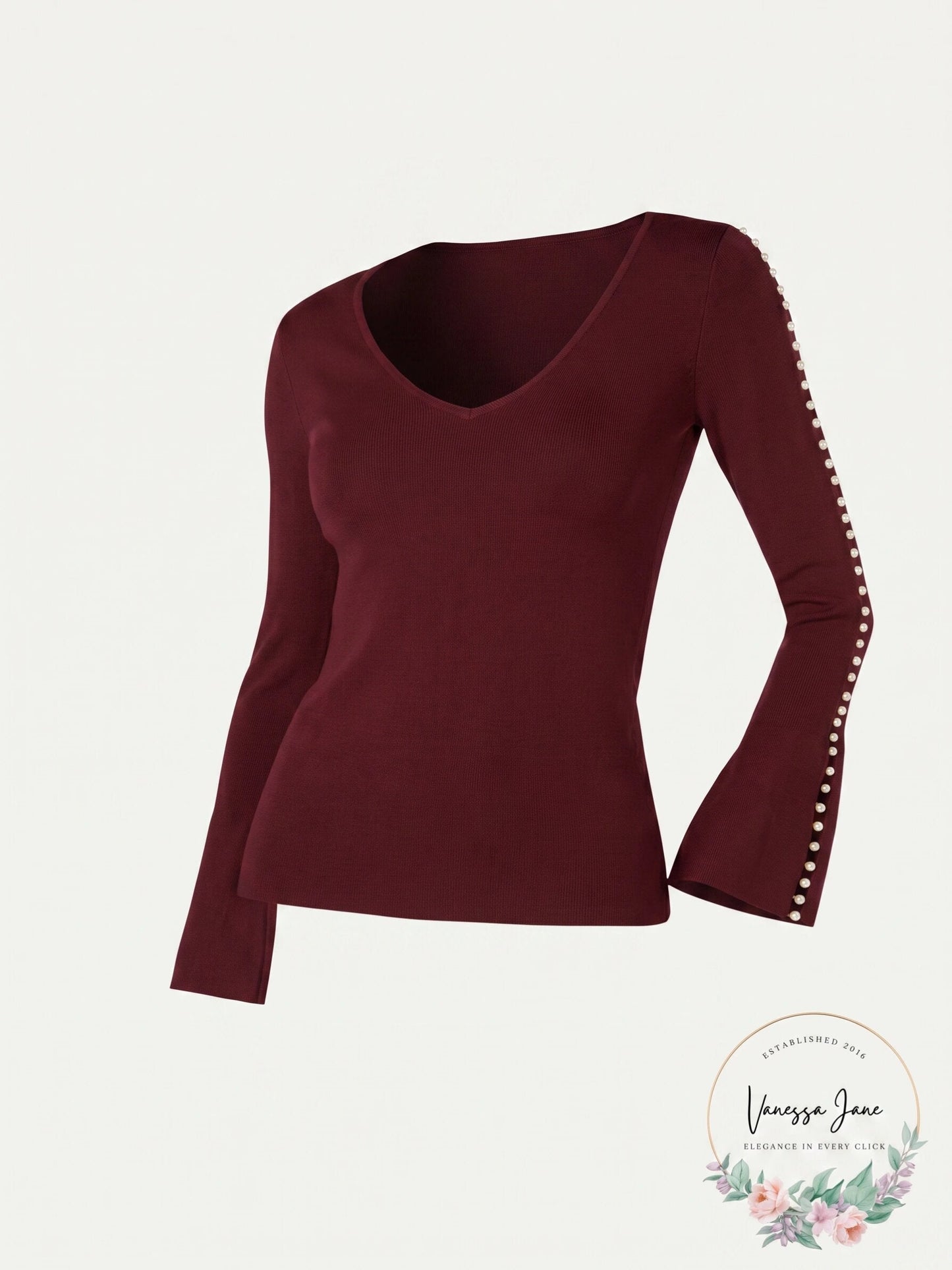 I-N-C Maroon Red Plus Pearl-Trim Bell Sleeve Sweater, Size OX