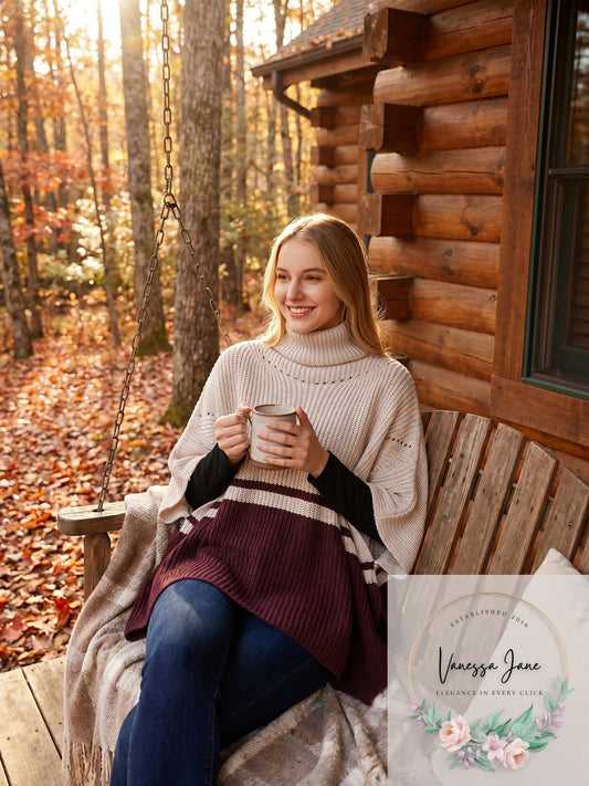 Save the Ocean Sustainable Color Block Pullover Turtleneck Poncho, Os