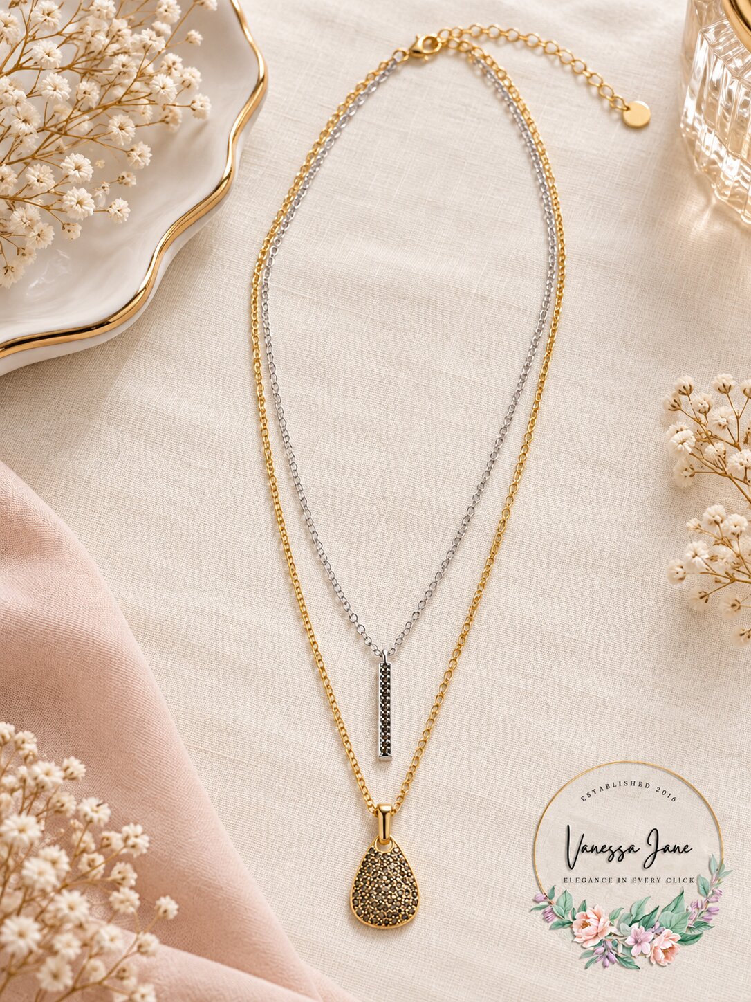Lucky Brand Two-Tone Pave Bar and Paddle Layered Necklace, 18-1/2 + 2