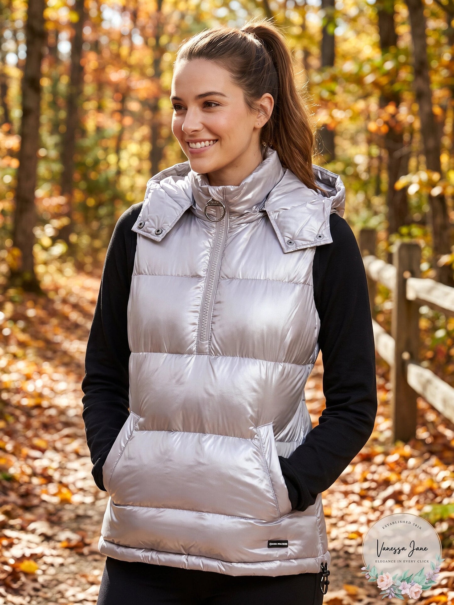DKNY Women's Quarter-Zip Hooded Vest Metallic Static, Size  Large