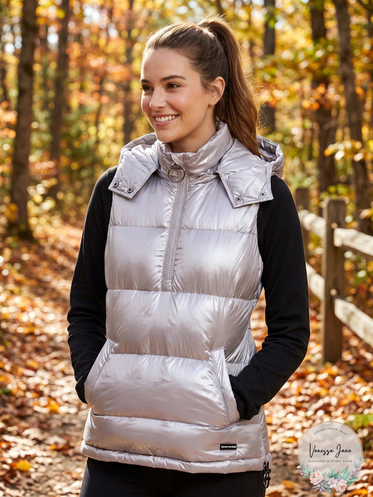 DKNY Women's Quarter-Zip Hooded Vest Metallic Static, Size  Large