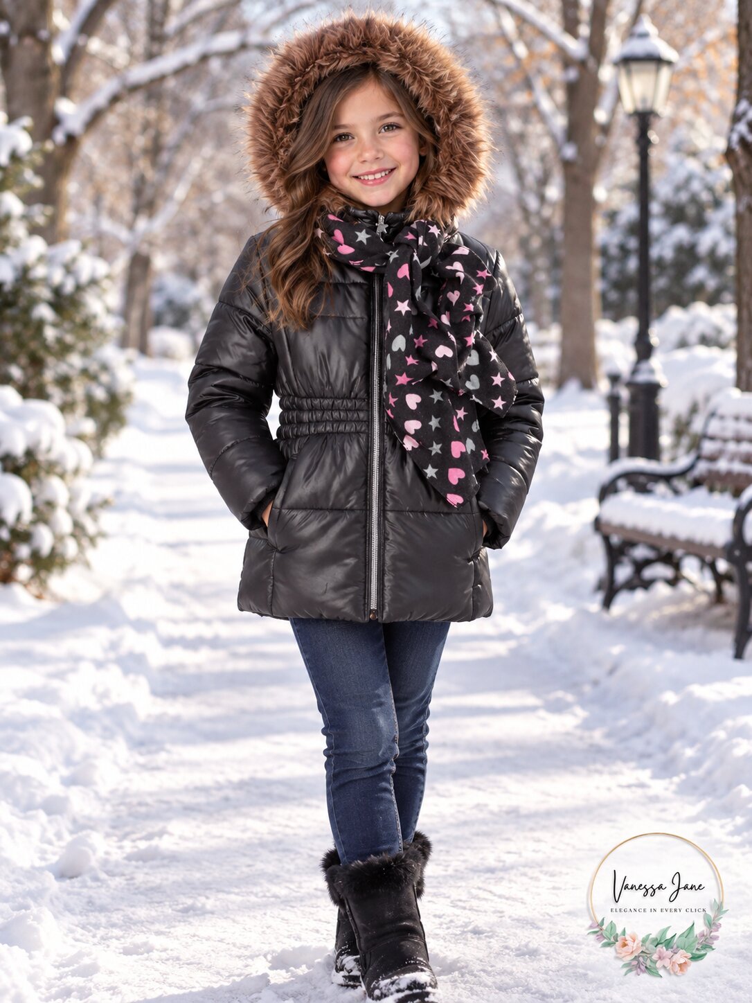 Rothschild Girls Black Puffer Jacket With Scarf and Faux Fur Trim, Size S 7/8