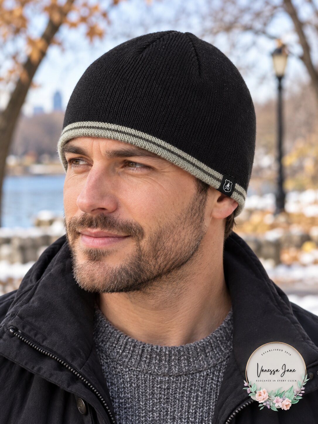Mens Nick Graham Striped Edge Beanie, Black OS