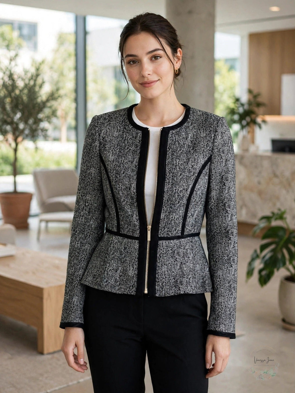 DKNY Petite Collarless Zip-Front Peplum Jacket