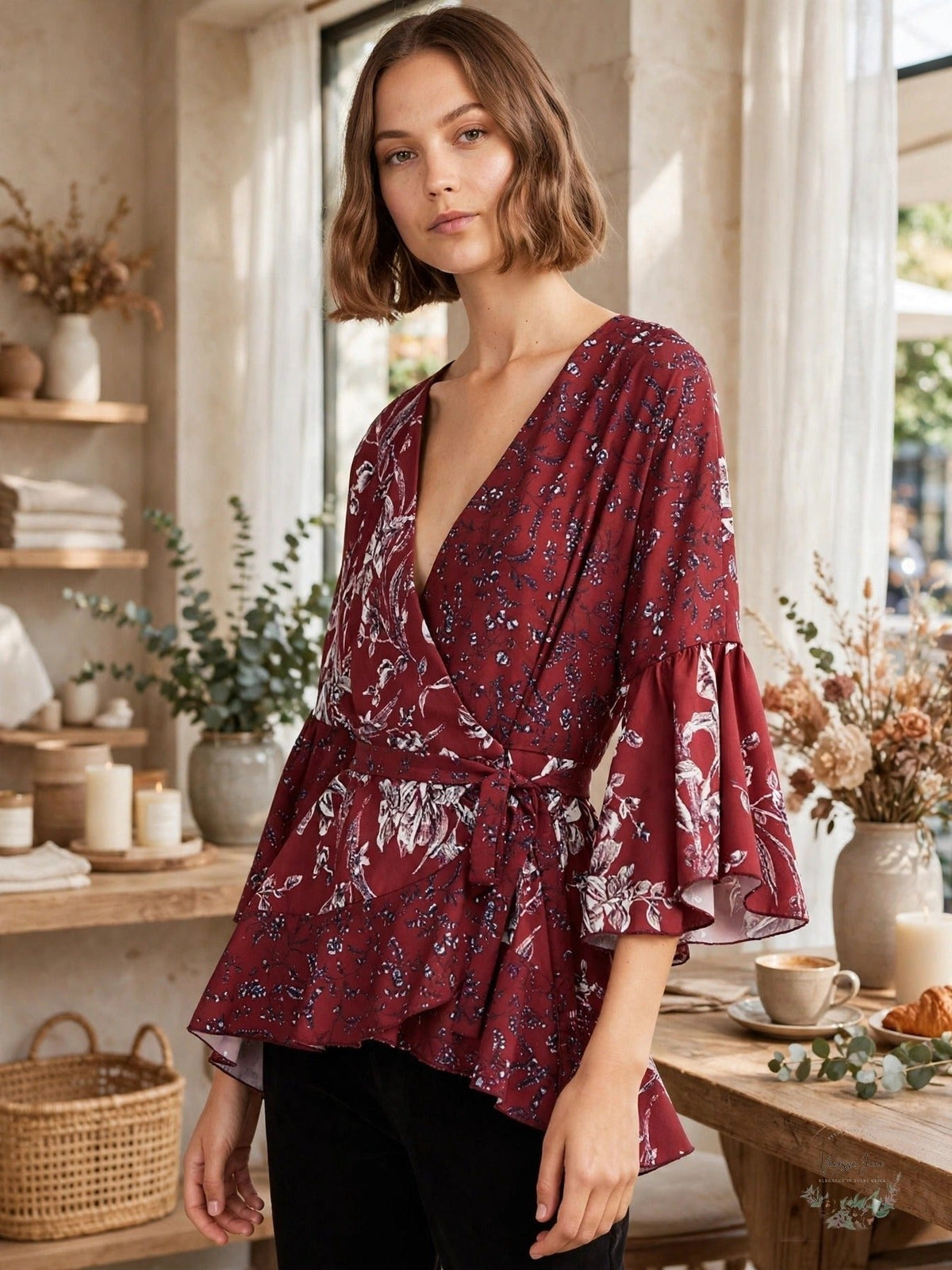French Connection Womens Ellette Crepe Wrap Blouse, Red, Large