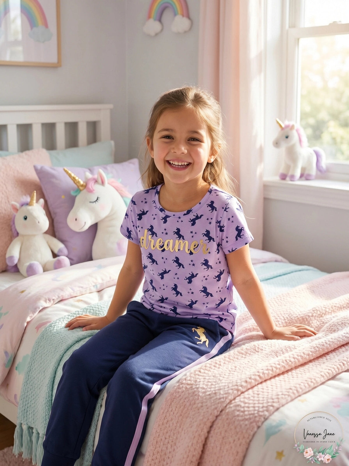 Max & Olivia Big Girls Two Piece Unicorn Long Leg Pajama Set