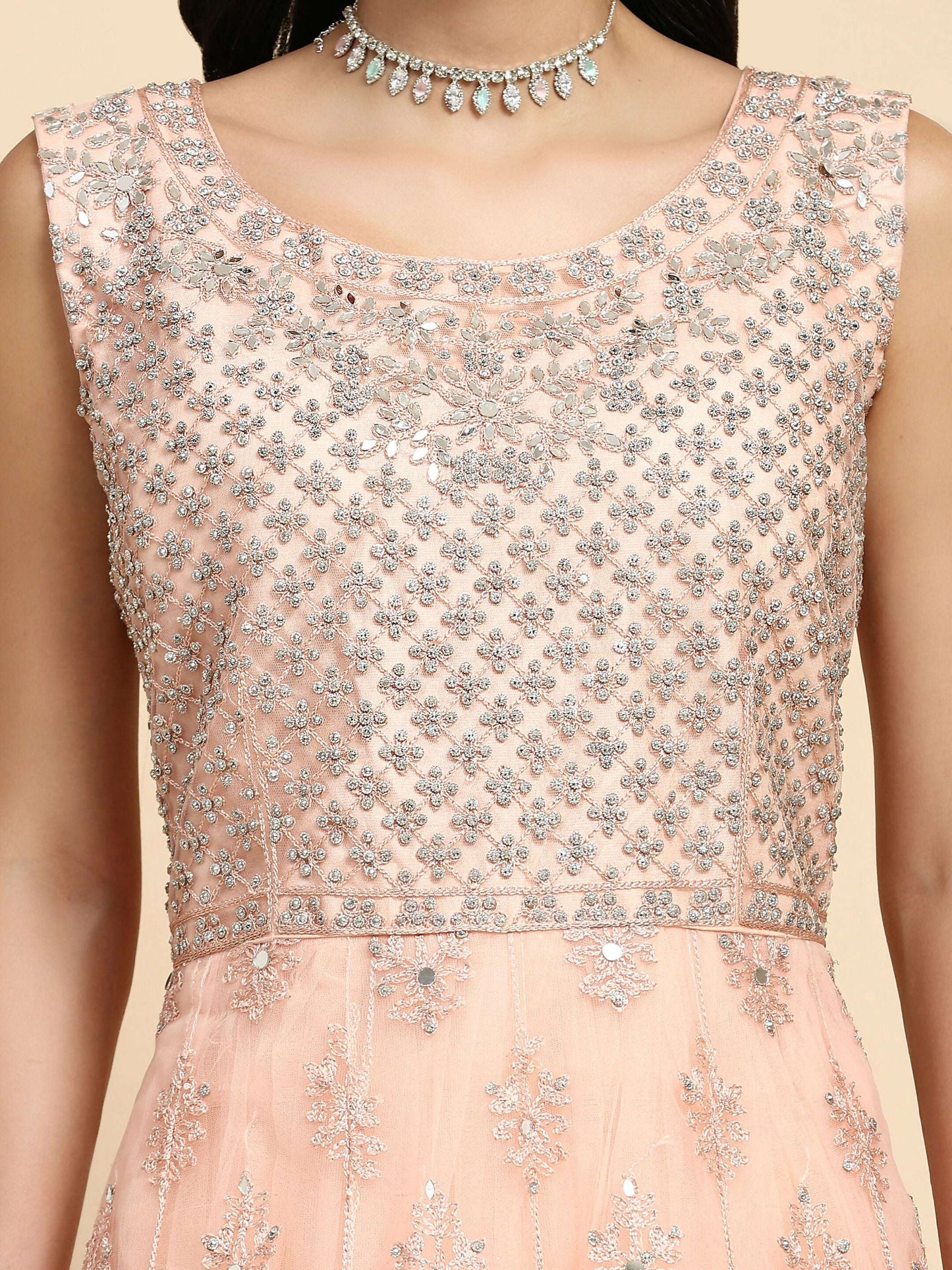 Peach Net Hand Embroidered Gown - Rudrani