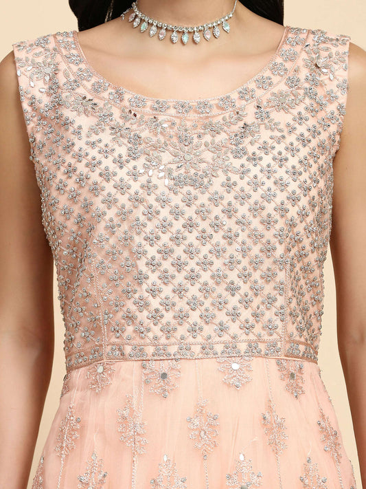 Peach Net Hand Embroidered Gown - Rudrani