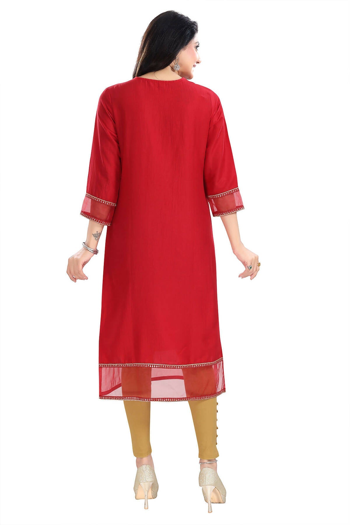 Snehal Creations Mighty Red Art Silk Designer Long Kurti Tunic With Zari Embroidery
