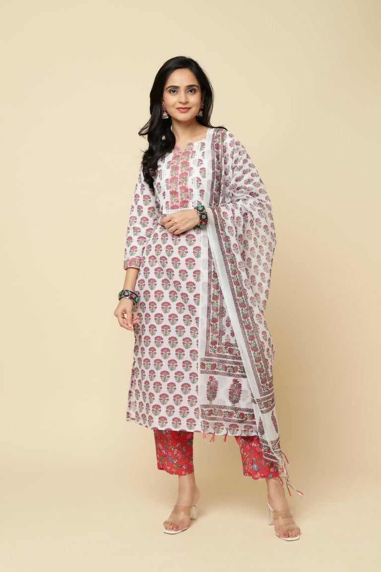 Designer Stylish Red Cotton Blend Stitched Suit With Dupatta - Tanisha