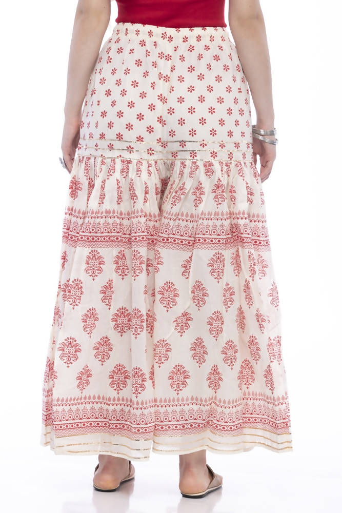 Mominos Fashion Cotton Block Print With Lace Work Off White Red Color Prints Palazzo