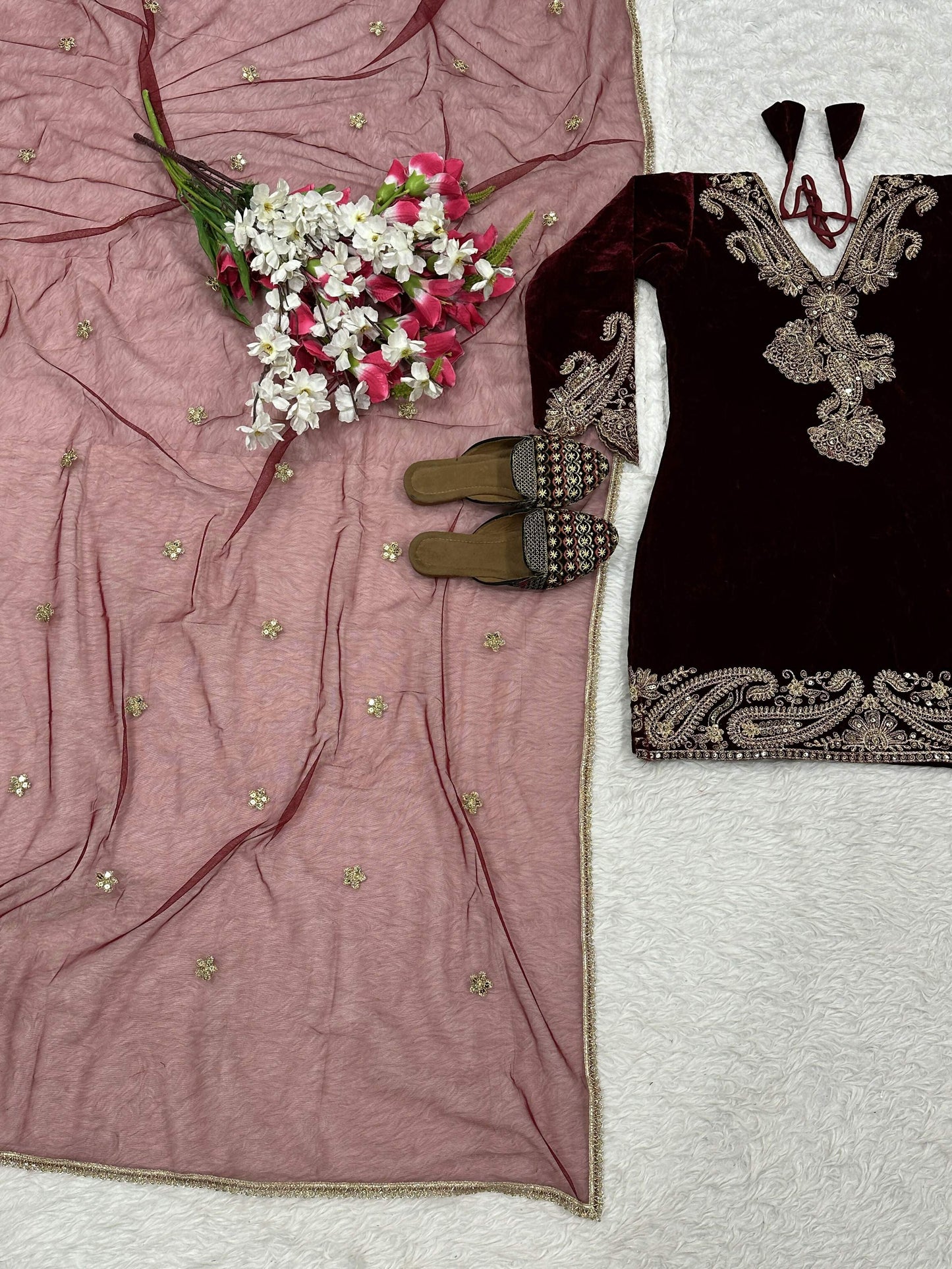 Vastranavya Wine Viscose Velvet Cording Sequence Embroidery Work Suit-Bottom With Dupatta