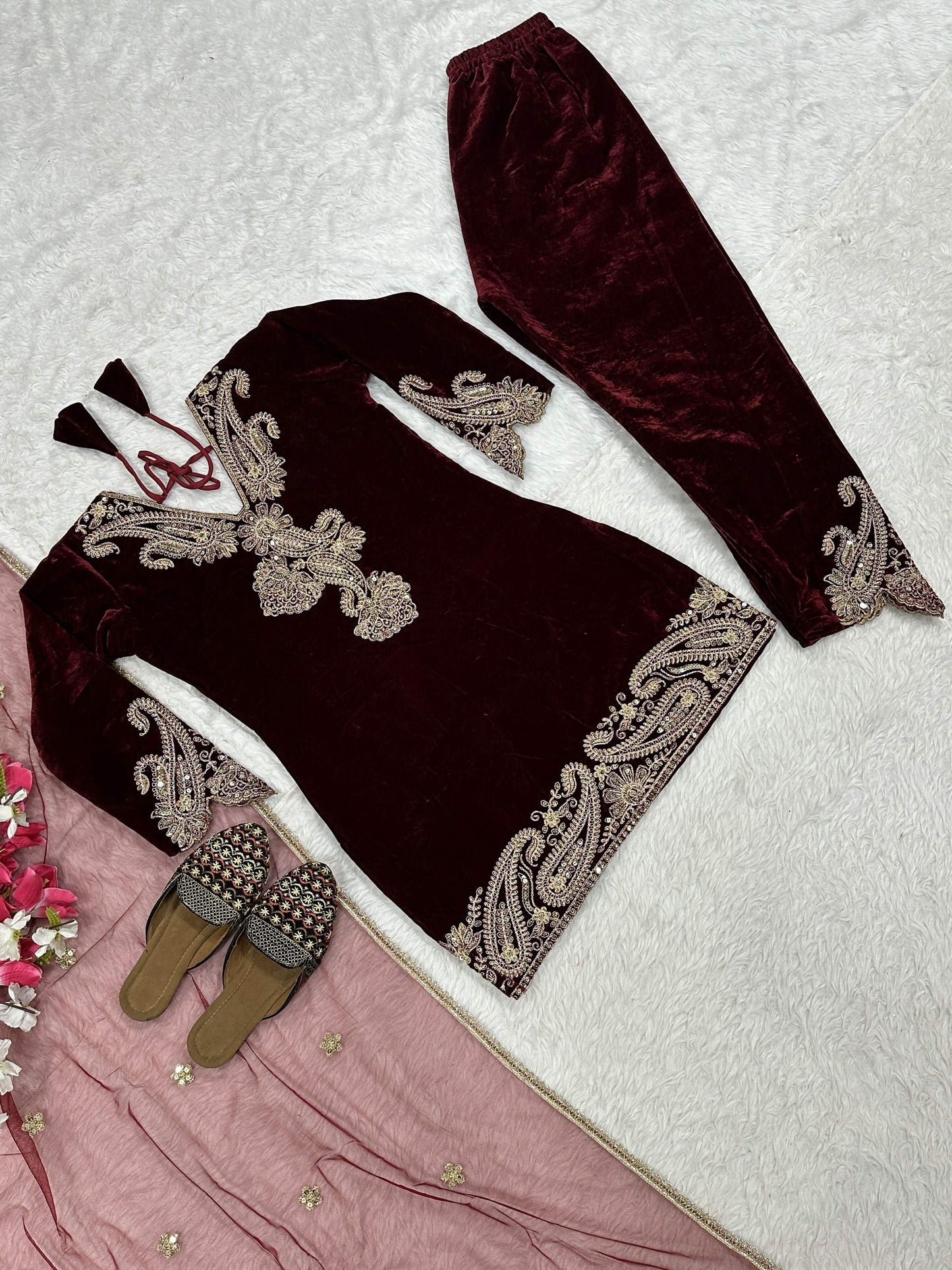 Vastranavya Wine Viscose Velvet Cording Sequence Embroidery Work Suit-Bottom With Dupatta