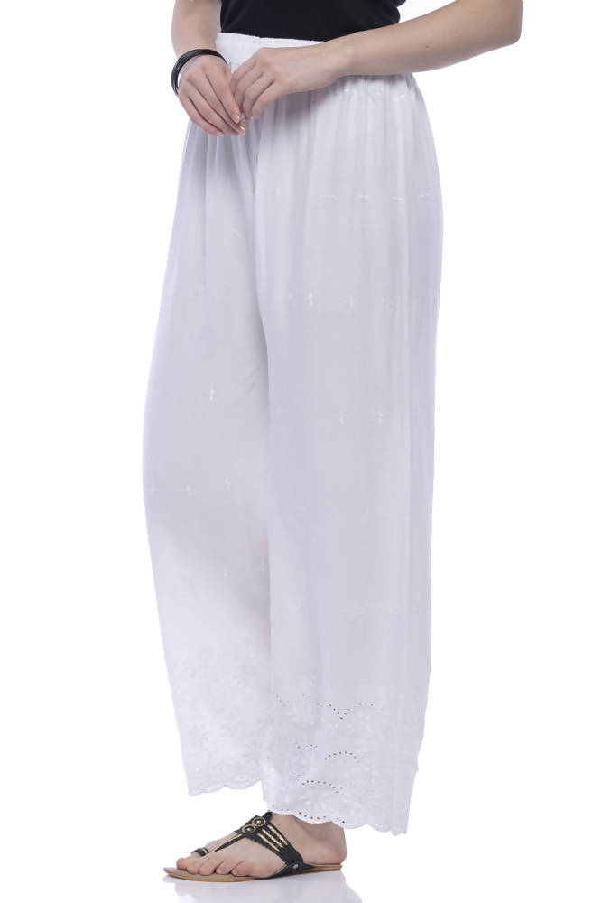 Mominos Fashion Rayon Cotton White Embroidery Chikan Palazzo