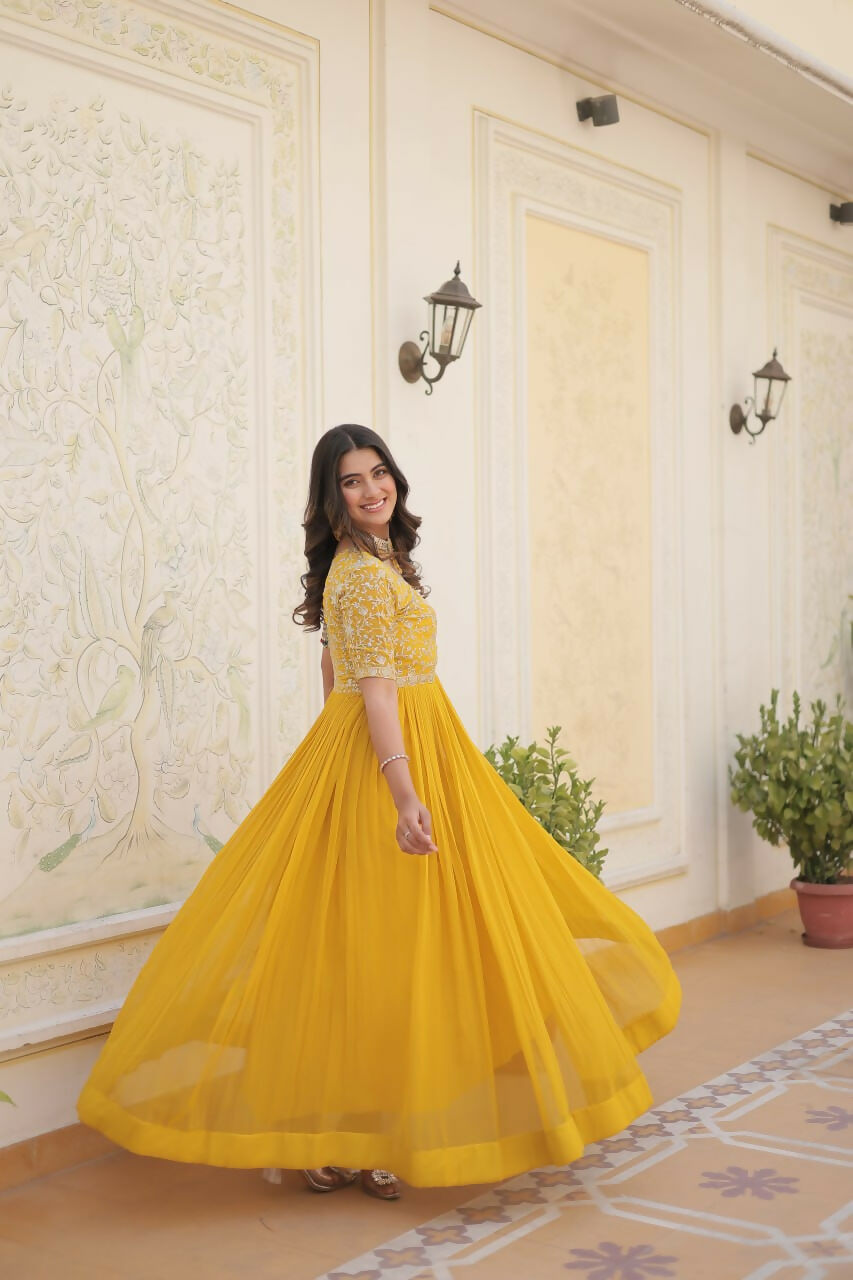 Vastranavya Faux Blooming with Embroidery Zari Sequins-work Gown - Yellow
