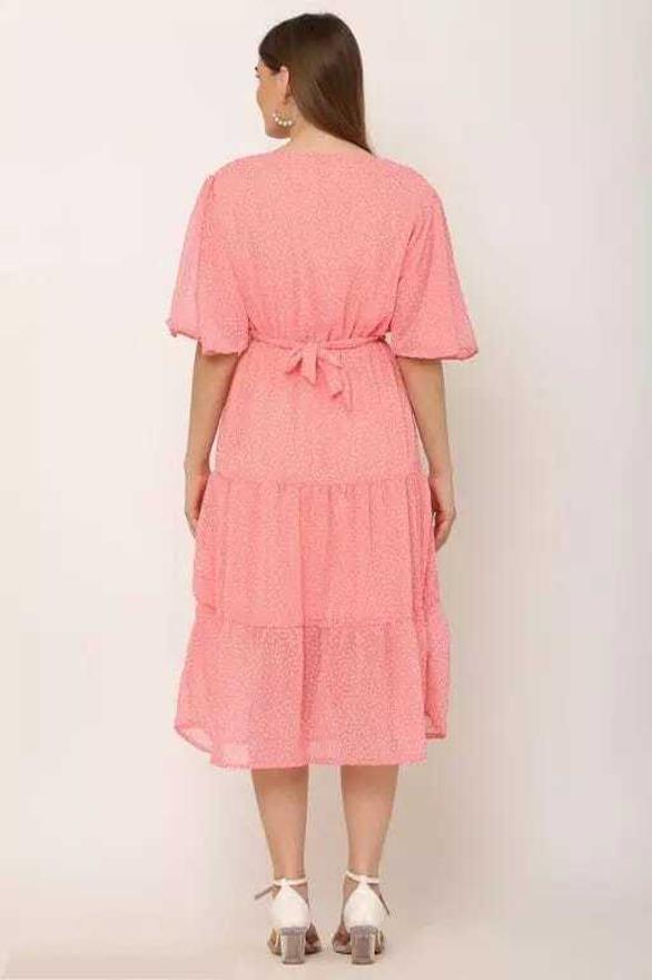 PAVONINE Micro Dots V-Neck Georgette Fabric Peach Dress For Women