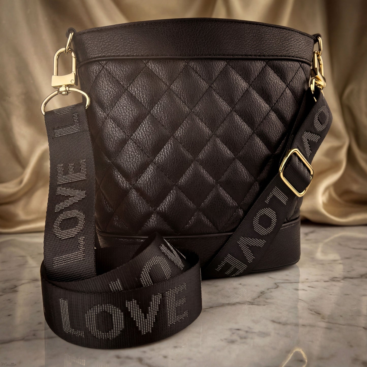 LOVE Strap (L-O-V-E Letters) - Gray on Black - Soft & Thick Nylon - Adjustable Shoulder to Crossbody (34-55 inches)