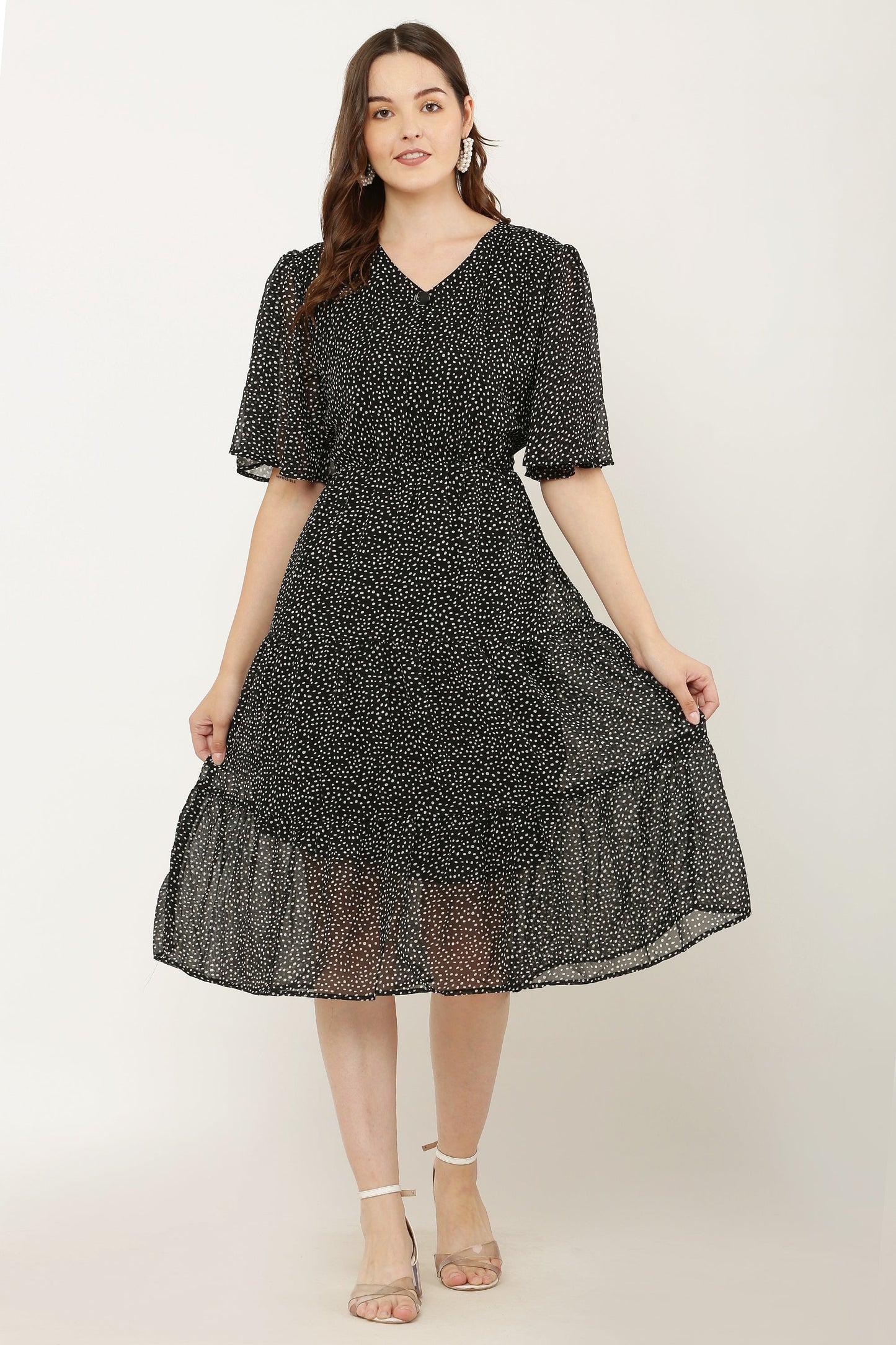 PAVONINE Micro Dots V-Neck Georgette Fabric Black Dress For Women