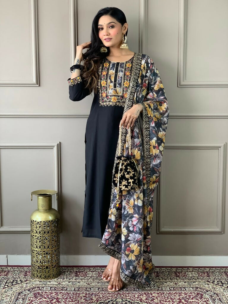 Partywear Designer Viscos Chanderi Black Stitched Suit With Dupatta - Tanisha