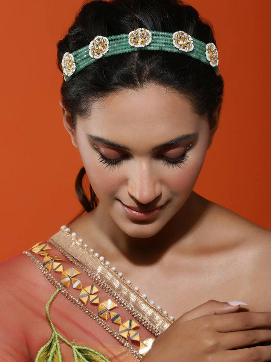 Gold-Polished Green Kundan Studded Headband - Ruby Raang