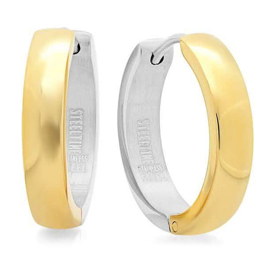 Ladies Two Tone Stainless Steel and 18K Gold Plated Huggie Earrings