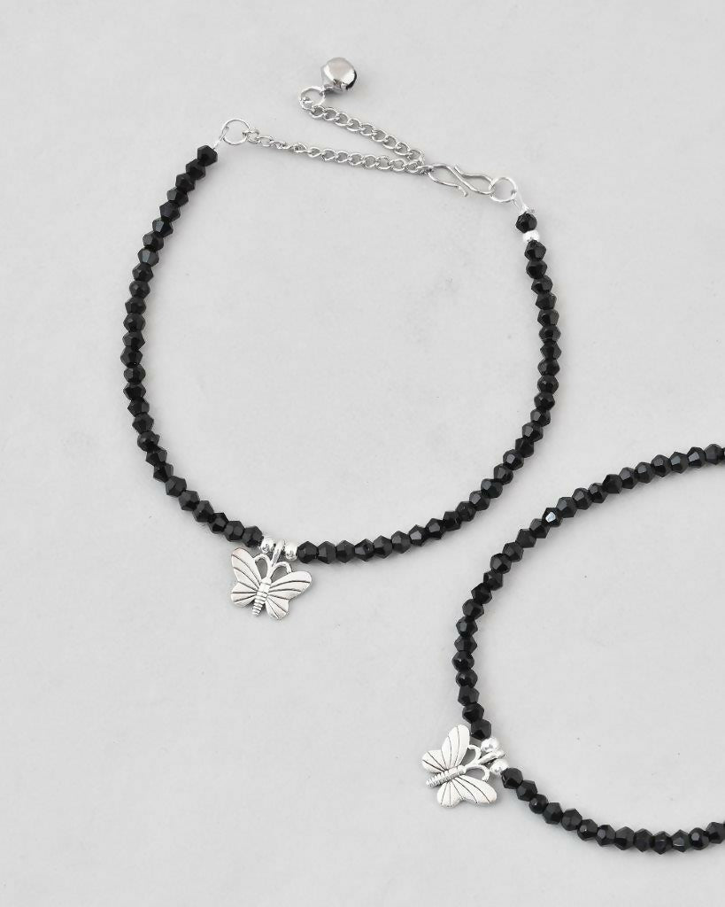 VOJ Set of 2 Butterfly Black Beads Anklet
