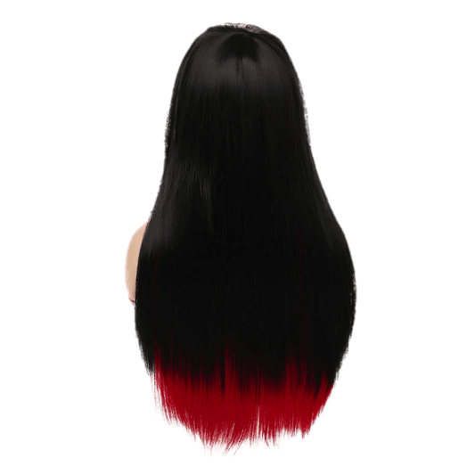 Long Red Black Wig Silky Straight Synthetic Heat Resistant Side Bangs