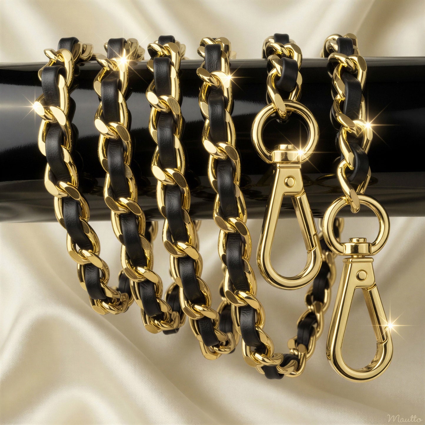 Classic Curb Chain with Diamond Cut Accents, Gold-tone Finish, Leather Woven Through - 3/8 inch (9mm) Wide Luxury Strap - Black, Gray & Brown Colors