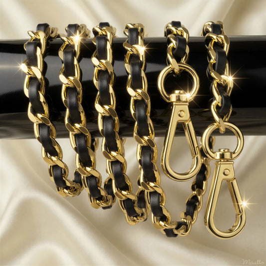 Classic Curb Chain with Diamond Cut Accents, Gold-tone Finish, Leather Woven Through - 3/8 inch (9mm) Wide Luxury Strap - Black, Gray & Brown Colors
