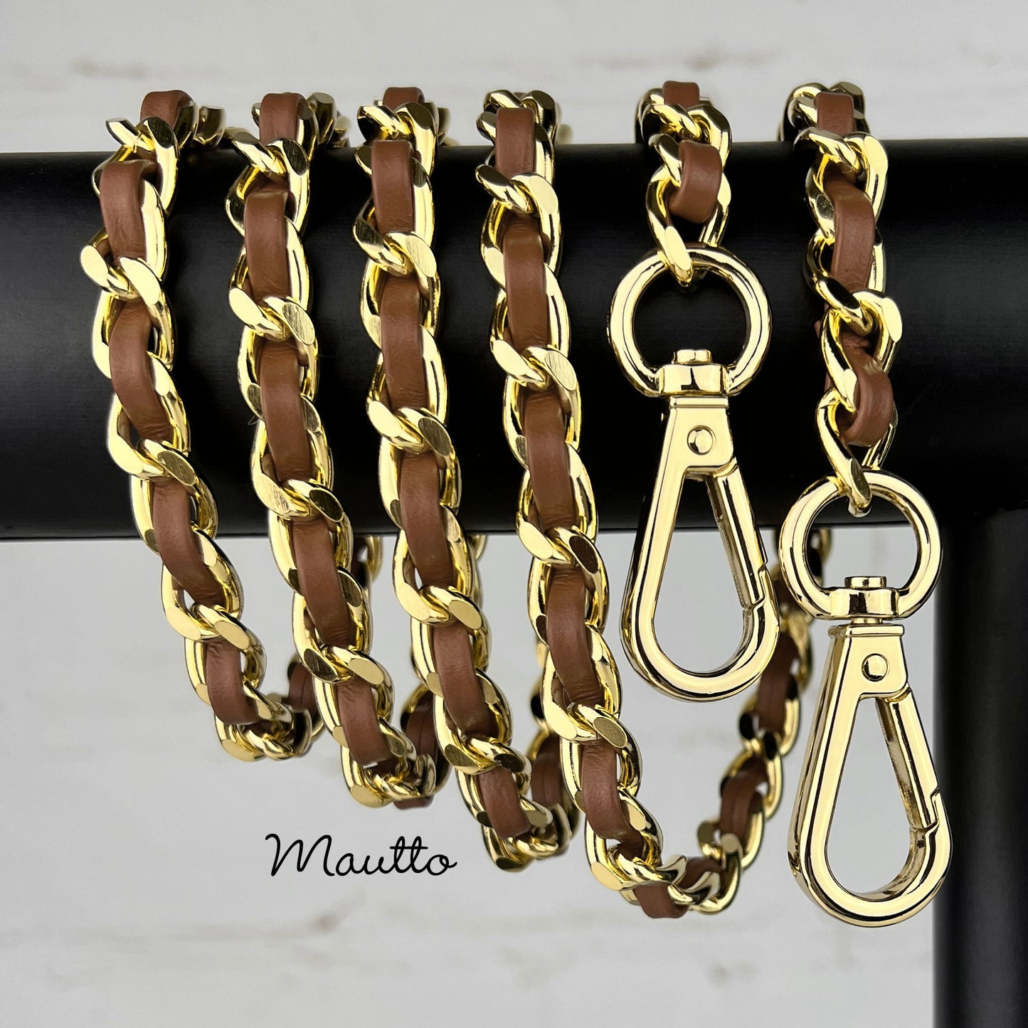 Classic Curb Chain with Diamond Cut Accents, Gold-tone Finish, Leather Woven Through - 3/8 inch (9mm) Wide Luxury Strap - Black, Gray & Brown Colors